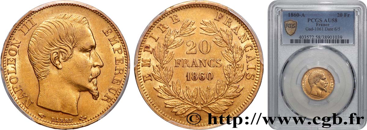 20 francs or Napoléon III, tête nue 1860 Paris F.531/17 SUP58 PCGS