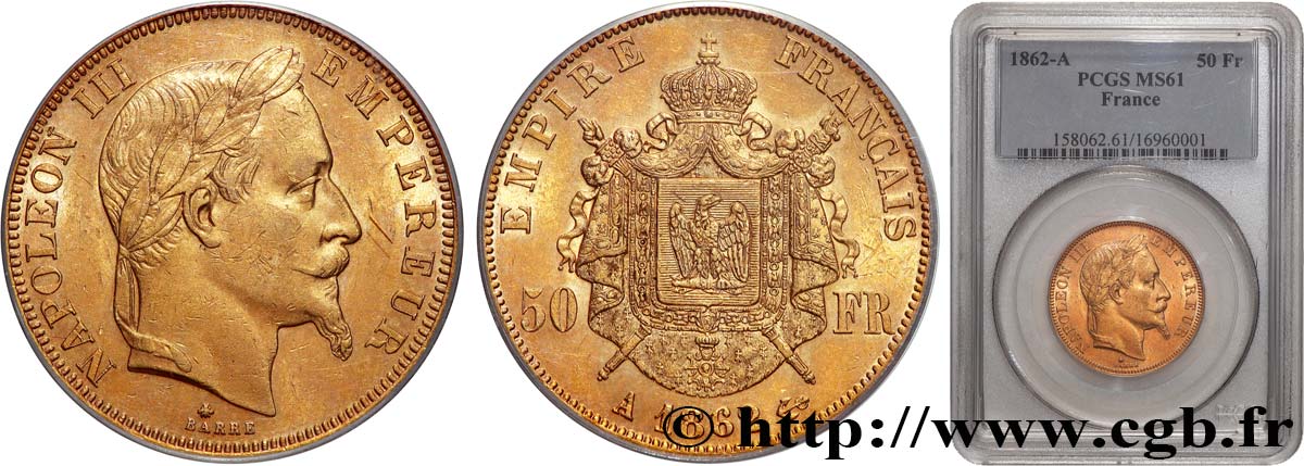 50 francs or Napoléon III, tête laurée 1862 Paris F.548/1 MS61 PCGS