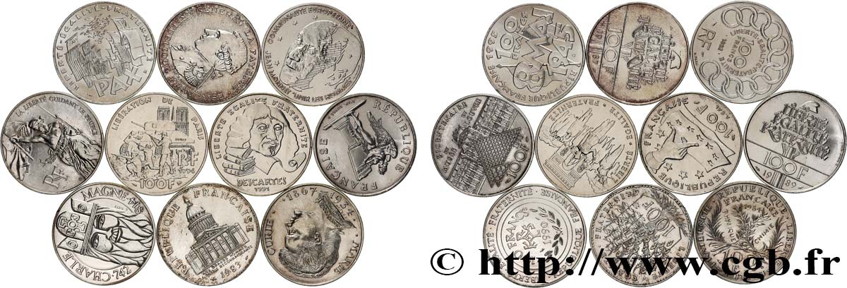 Lot de 10 pièces de 100 francs commémoratives - - F.-/ TTB 