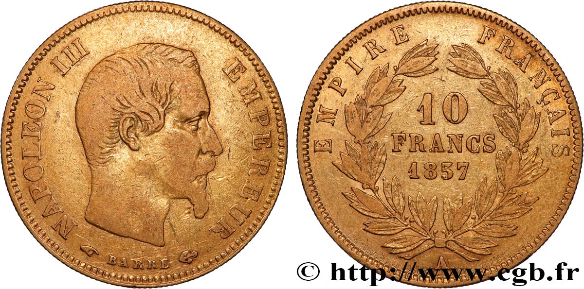 10 francs or Napoléon III, tête nue 1857 Paris F.506/4 TB 