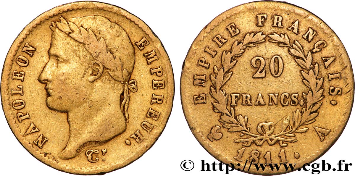 20 francs or Napoléon, tête laurée, Empire français 1811 Paris F.516/16 S 