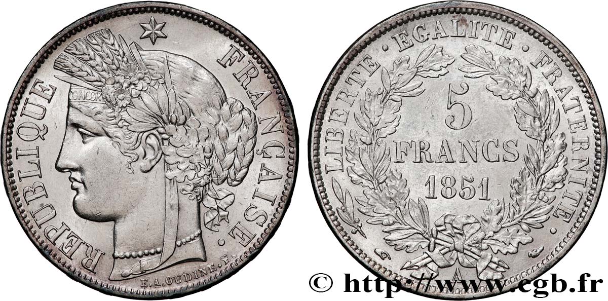 5 francs Cérès, IIe République 1851 Paris F.327/7 SUP 