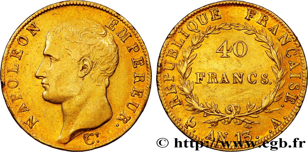 40 francs or Napoléon tête nue, Calendrier révolutionnaire 1805 Paris F.537/1 SS 