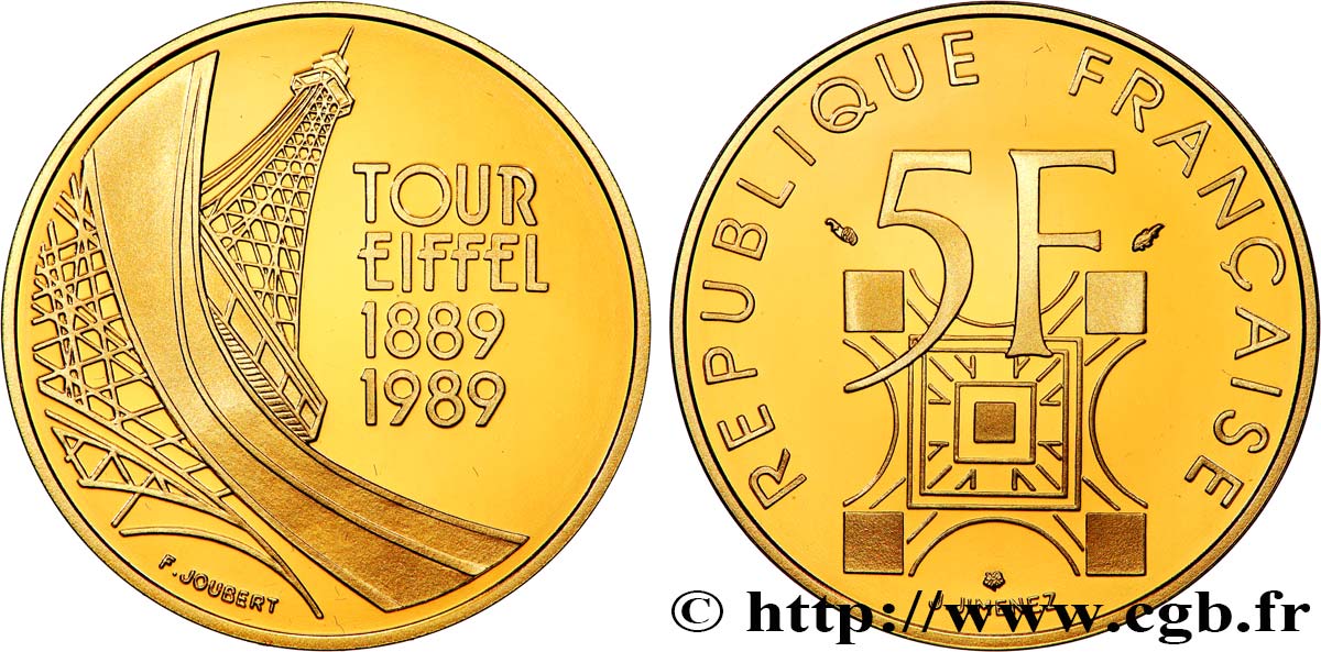 Belle Épreuve Or 5 francs - Tour Eiffel 1989  F.1200 2 MS 