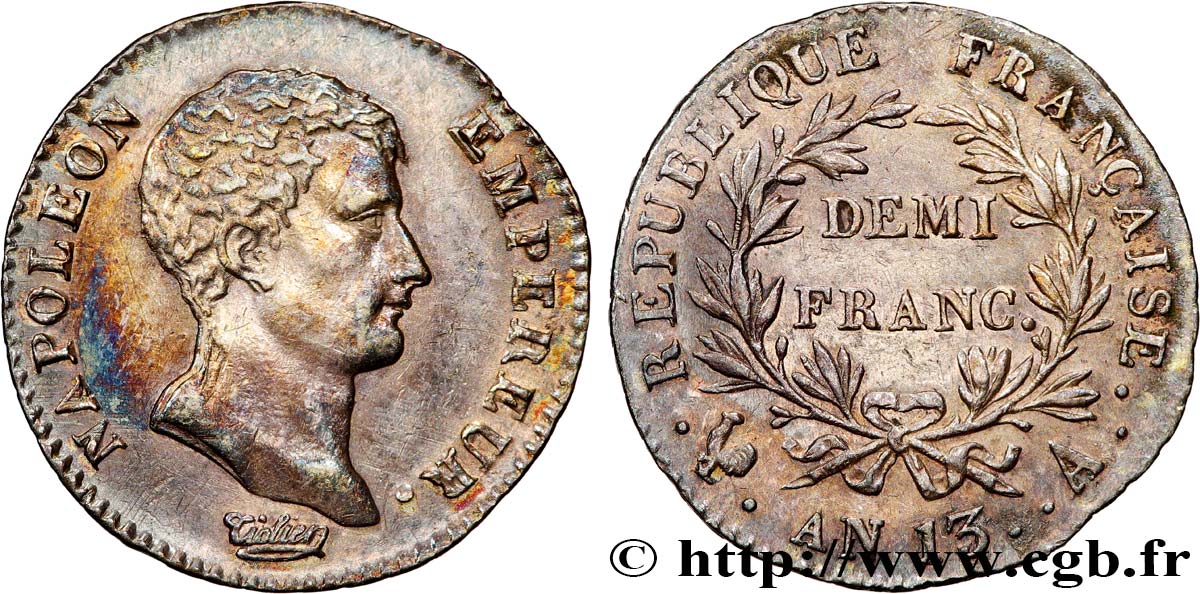 Demi-franc Napoléon Empereur, Calendrier révolutionnaire 1805 Paris F.174/10 AU 