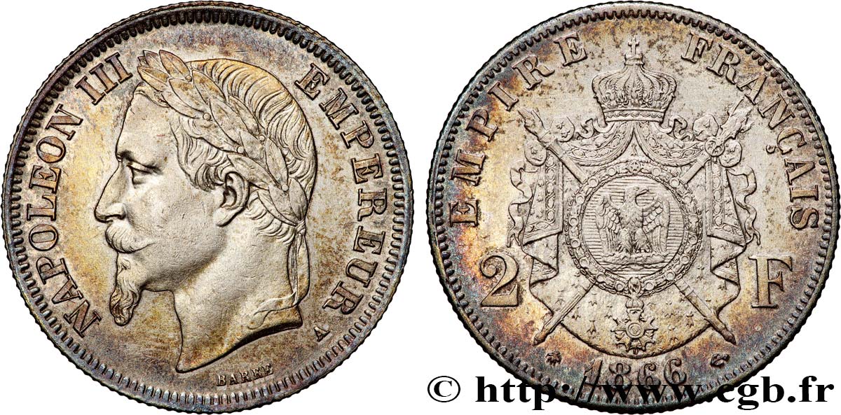 2 francs Napoléon III, tête laurée 1866 Paris F.263/2 fVZ 