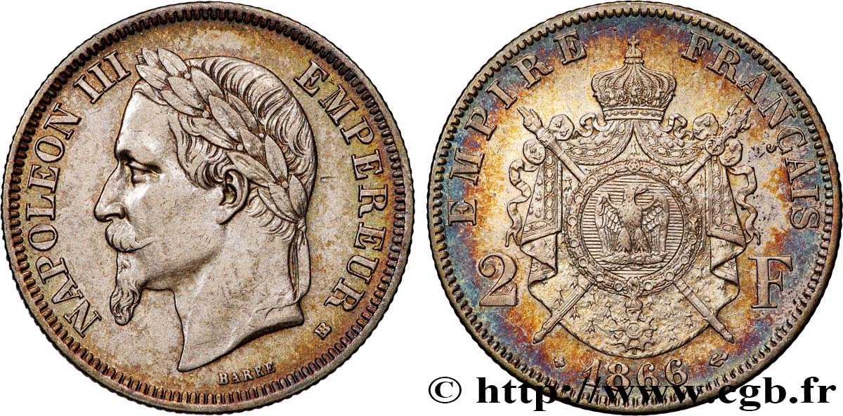 2 francs Napoléon III, tête laurée  1866 Strasbourg F.263/3 SS 