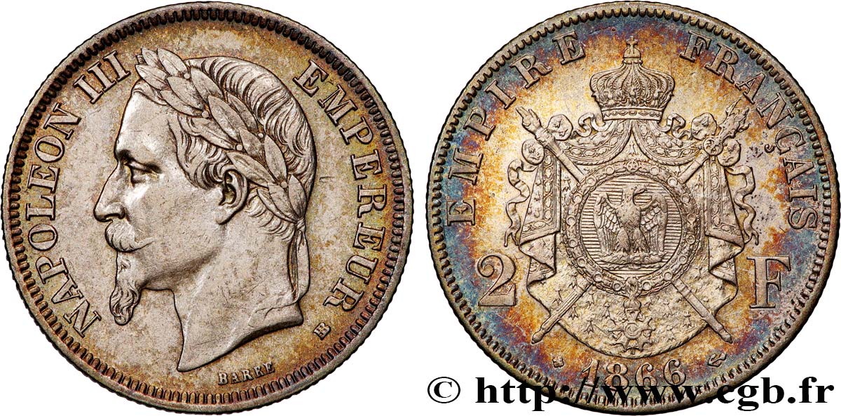 2 francs Napoléon III, tête laurée  1866 Strasbourg F.263/3 MBC 