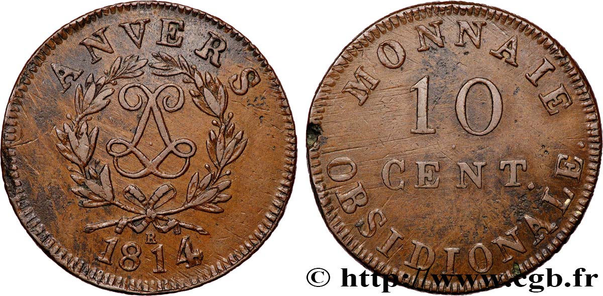 10 cent. Anvers au double L, frappe de l’atelier de Wolschot 1814 Anvers F.130C/2 BB 