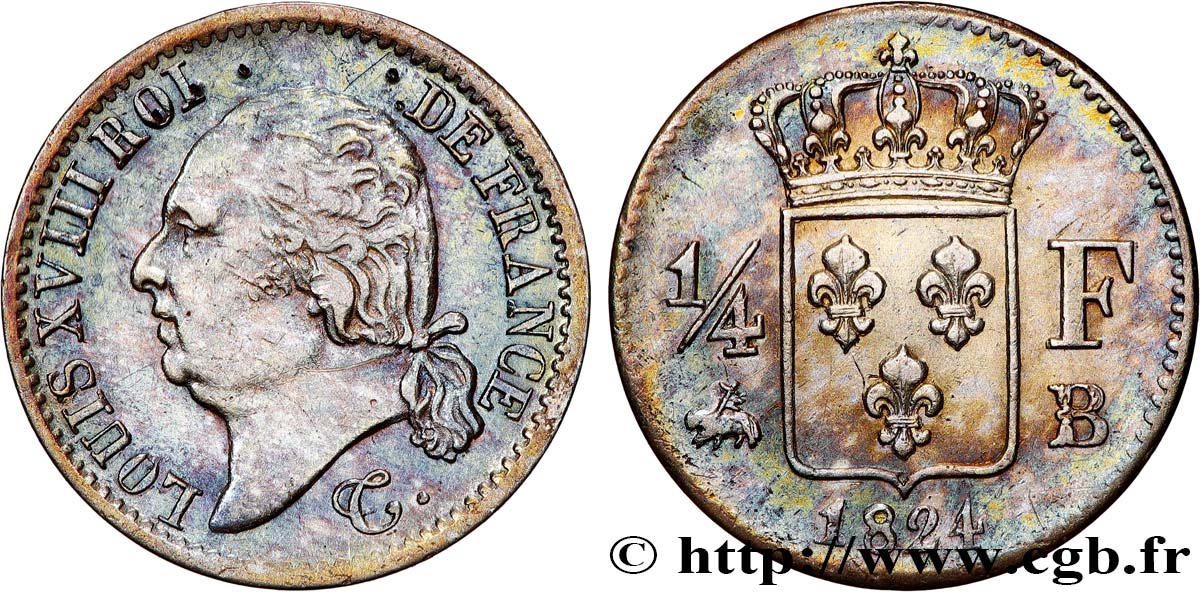 1/4 franc Louis XVIII  1824 Rouen F.163/32 TTB+ 