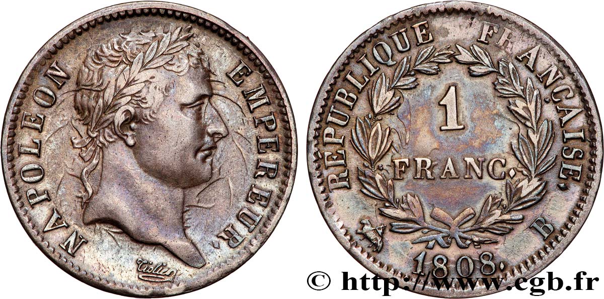 1 franc Napoléon Ier tête laurée, République française 1808 Rouen F.204/3 XF 