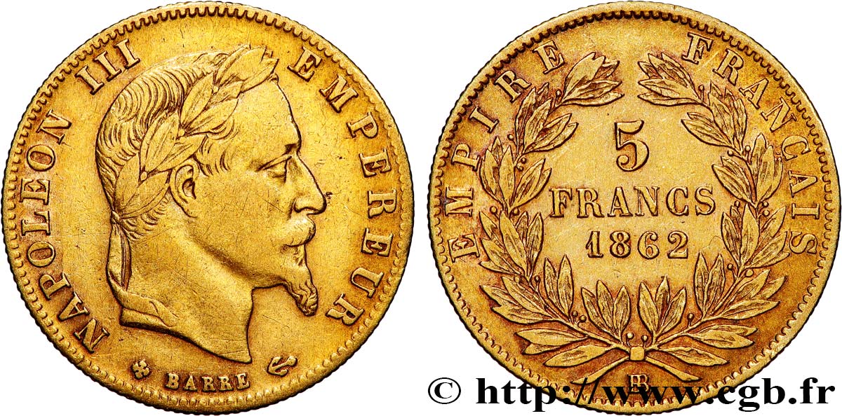 5 francs or Napoléon III, tête laurée 1862 Strasbourg F.502/2 BC+ 