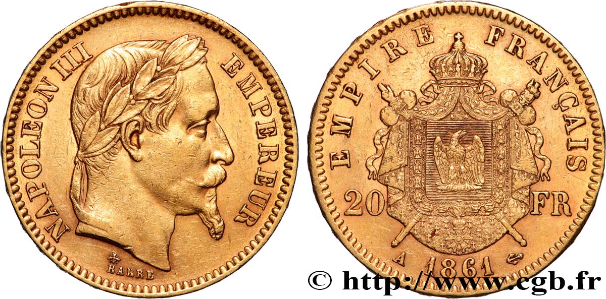 20 francs or Napoléon III, tête laurée 1861 Paris F.532/1 BB 