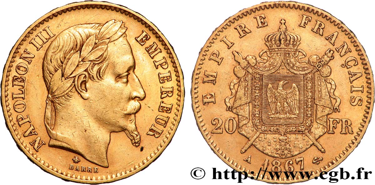 20 francs or Napoléon III, tête laurée 1867 Paris F.532/15 TTB 