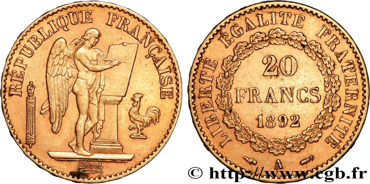 20 francs or Génie, Troisième République 1892 Paris F.533/16 XF 