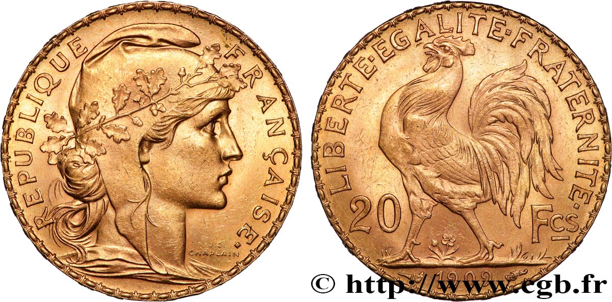 20 francs or Coq, Liberté Égalité Fraternité 1909 Paris F.535/3 SUP+ 