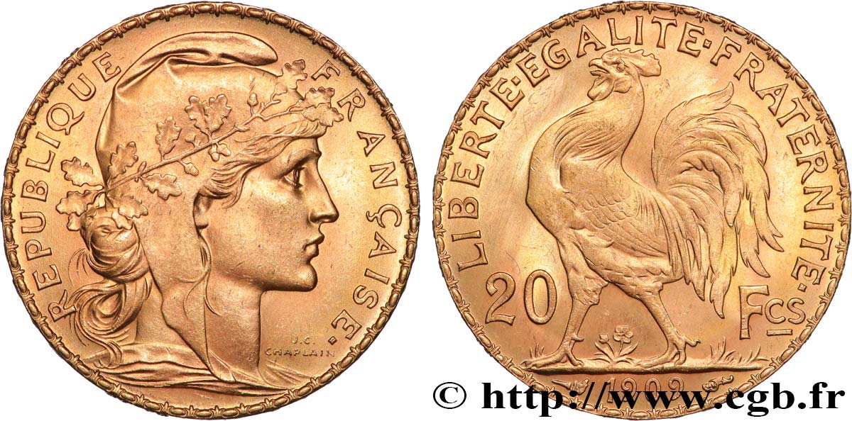 20 francs or Coq, Liberté Égalité Fraternité 1909 Paris F.535/3 SUP 