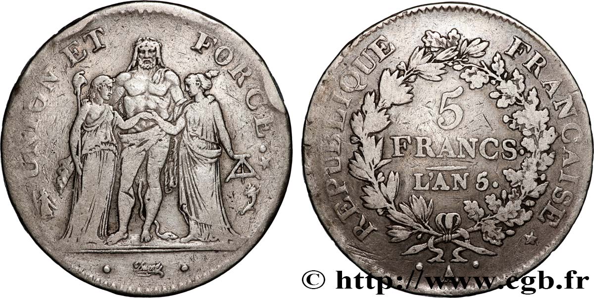 5 francs Union et Force, Union desserré, avec glands intérieurs et gland extérieur 1797 Paris F.291/5 TB+ 