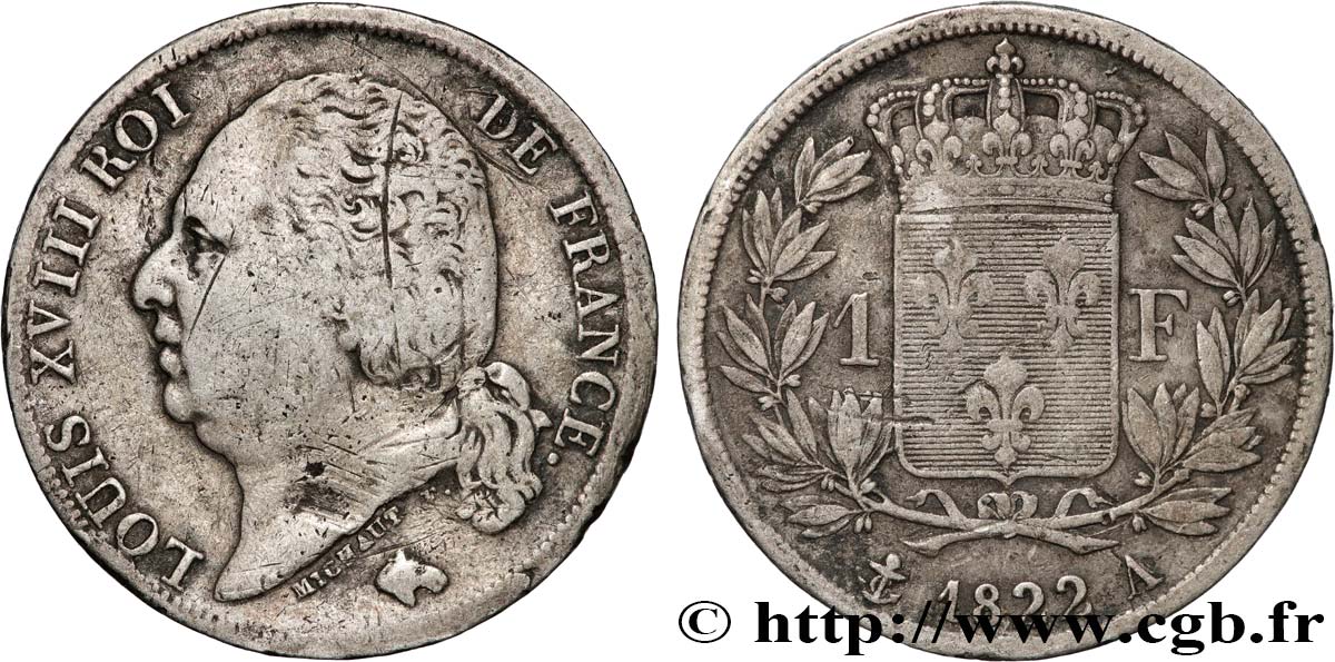 1 franc Louis XVIII 1822 Paris F.206/40 B+ 