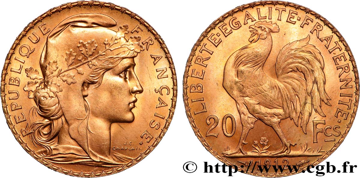 20 francs or Coq, Liberté Égalité Fraternité 1912 Paris F.535/6 SPL 