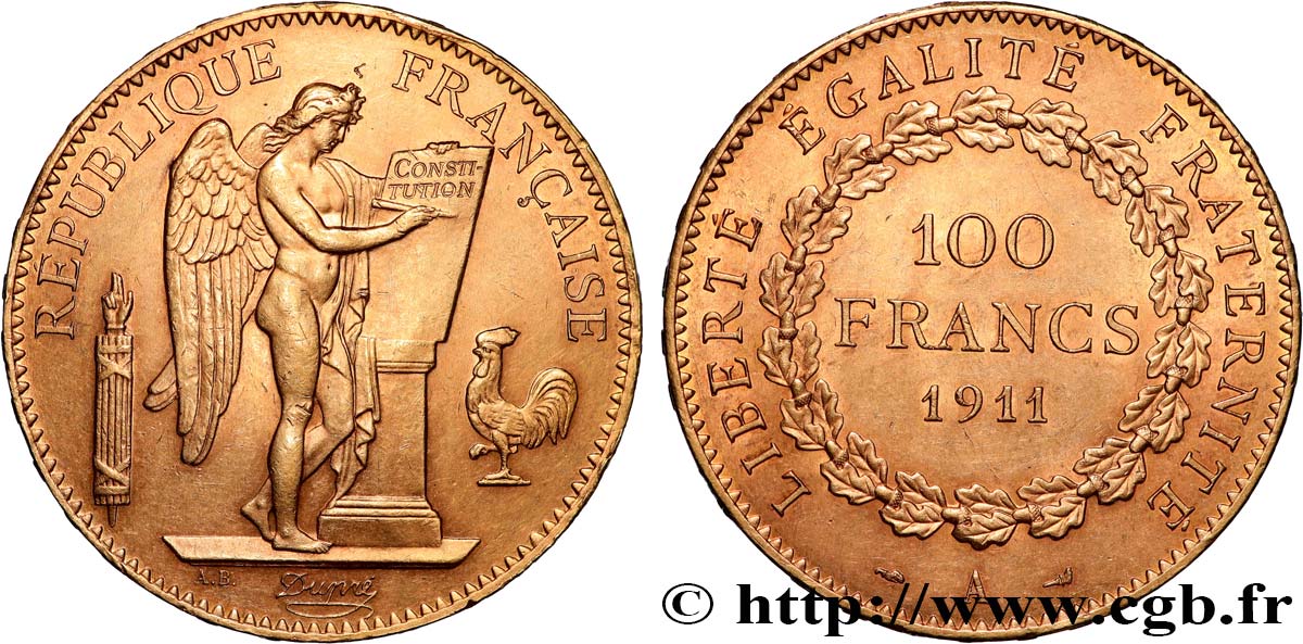100 francs or Génie, tranche inscrite en relief Liberté Égalité Fraternité 1911 Paris F.553/5 SPL 