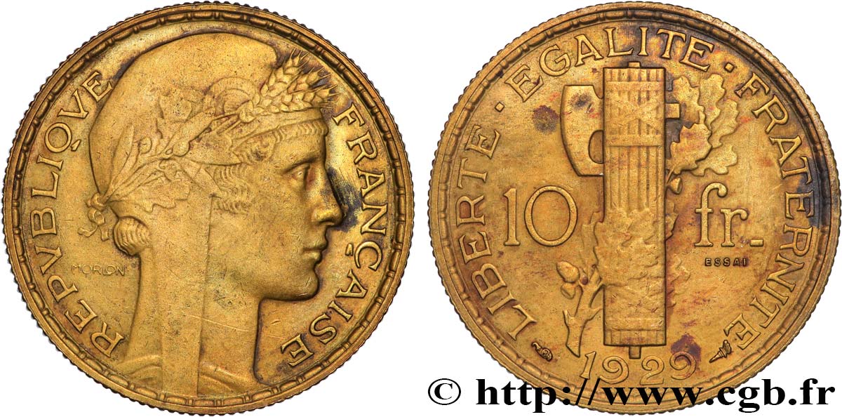 Concours de 10 francs, essai de Morlon en bronze-aluminium 1929 Paris GEM.166 3 MBC+ 