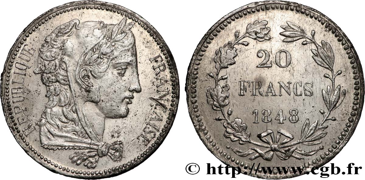 Concours de 20 francs, essai de Gayrard, premier concours 1848 Paris VG.3025 var TTB+ 