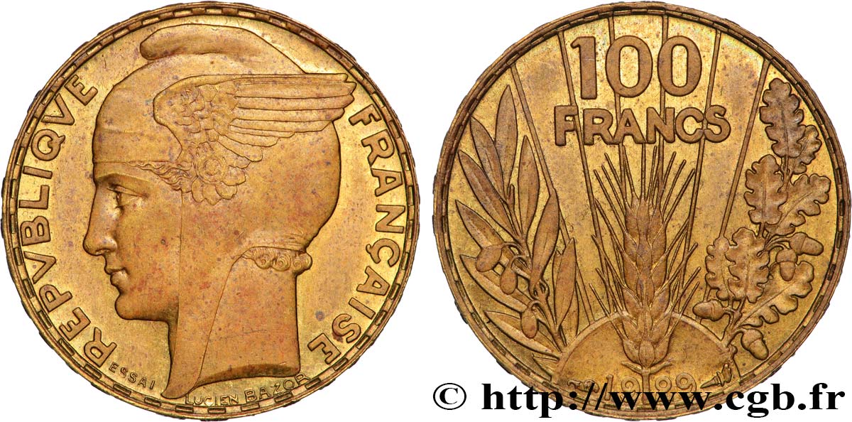 Concours de 100 francs or, essai de Bazor en bronze-aluminium 1929 Paris GEM.288 7 MS 