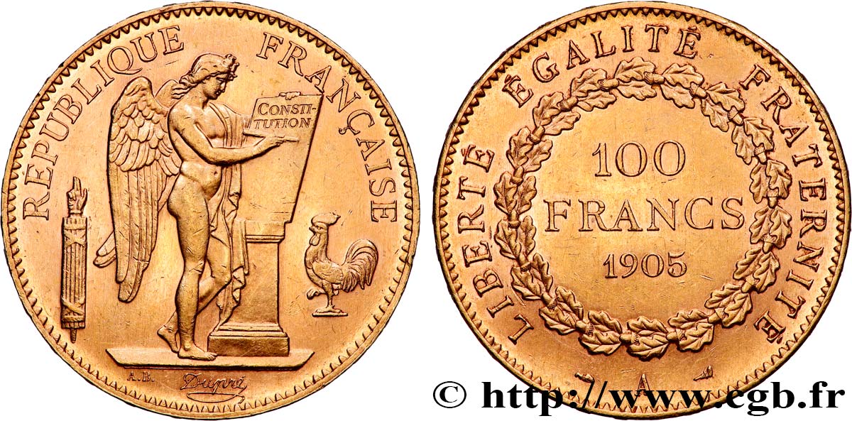 100 francs or Génie, tranche inscrite en relief Dieu protège la France 1905 Paris F.552/18 AU 