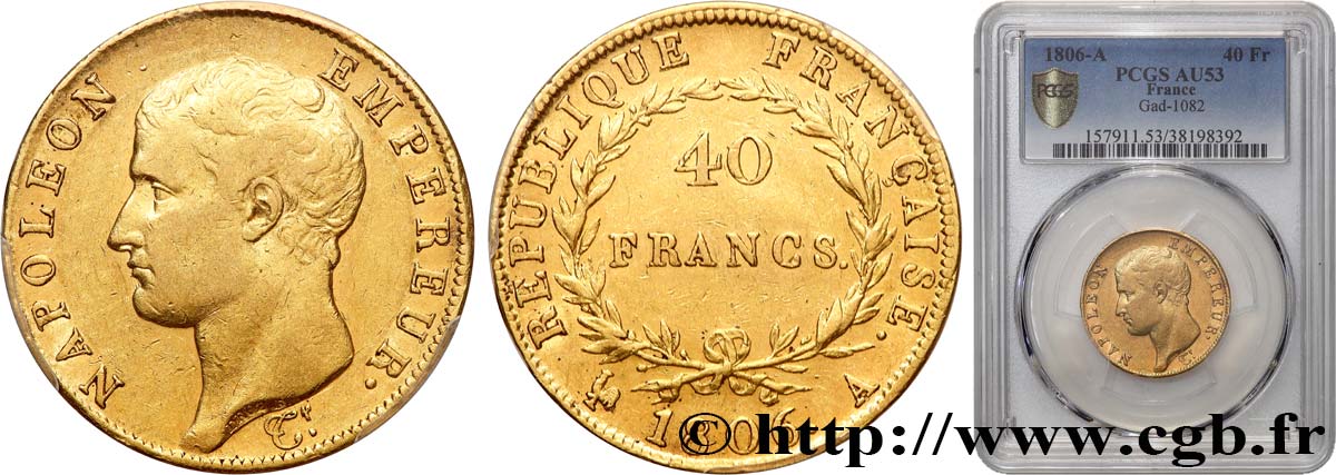 40 francs or Napoléon tête nue, Calendrier grégorien 1806 Paris F.538/1 TTB53 PCGS