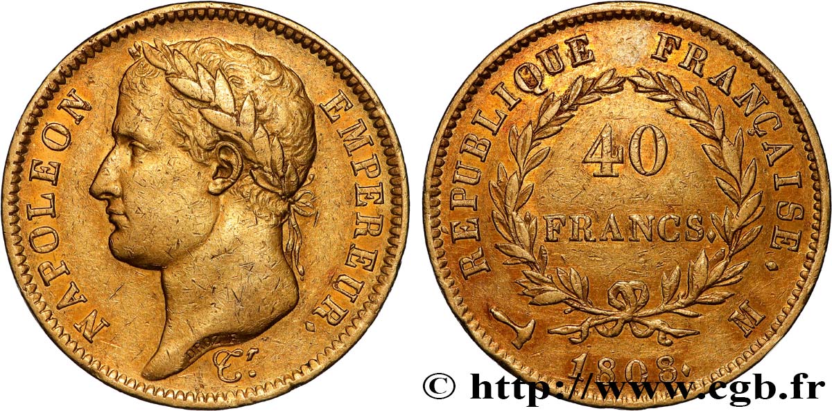 40 francs or Napoléon Ier tête laurée, République française 1808 Toulouse F.540/4 XF45 