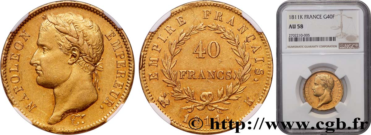 40 francs or Napoléon tête laurée, Empire français 1811 Bordeaux F.541/8 VZ58 NGC