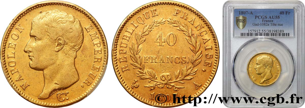 40 francs or Napoléon tête nue, type transitoire 1807 Paris F.539/1 AU55 PCGS