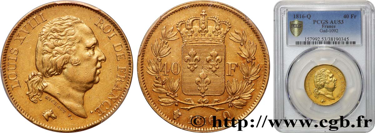 40 francs or Louis XVIII 1816 Perpignan F.542/4 BB53 PCGS