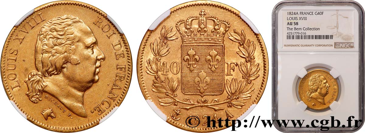 40 francs or Louis XVIII 1824 Paris F.542/14 AU58 NGC