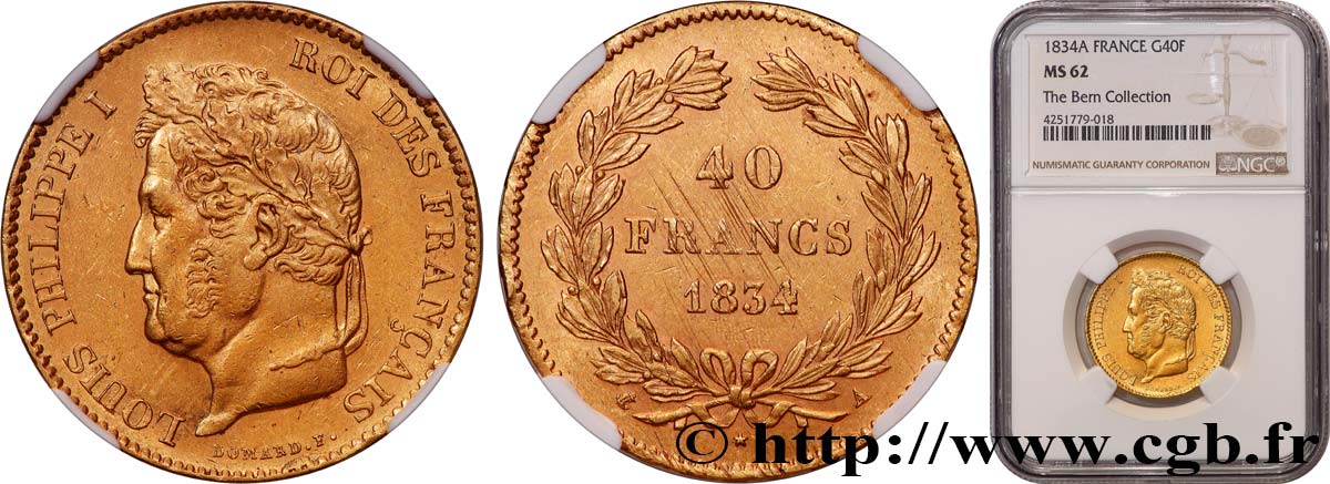 40 francs or Louis-Philippe 1834 Paris F.546/6 MS62 NGC