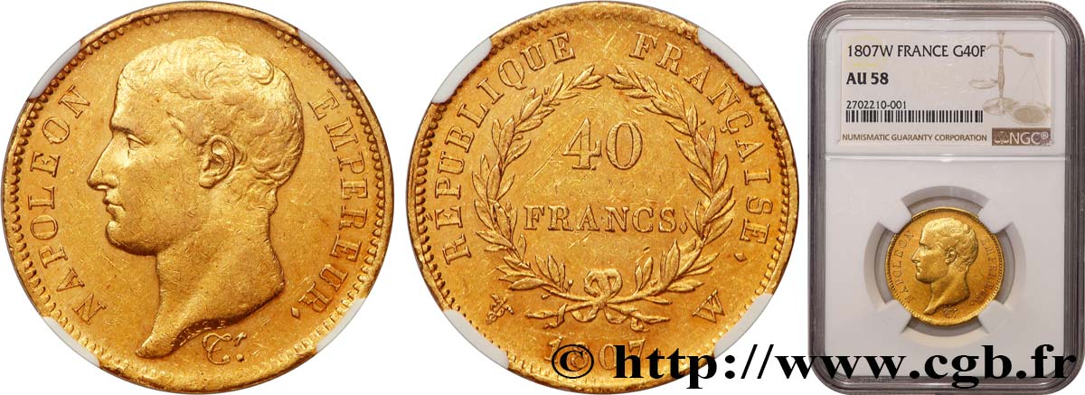 40 francs or Napoléon tête nue, type transitoire 1807 Lille F.539/5 AU58 NGC