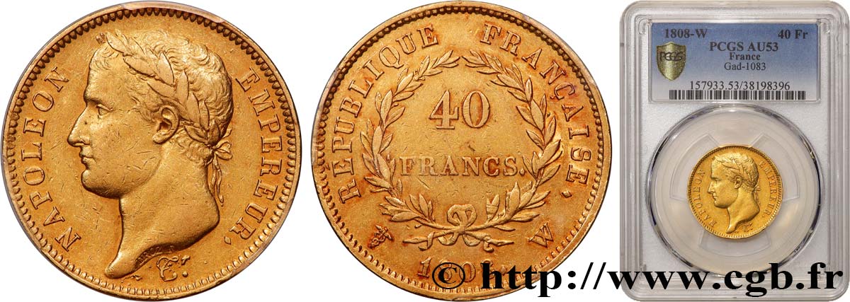 40 francs Napoléon Ier tête laurée, République française 1808 Lille F.540/6 MBC53 PCGS