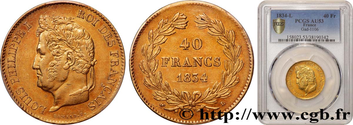 40 francs or Louis-Philippe 1834 Bayonne F.546/7 TTB53 PCGS