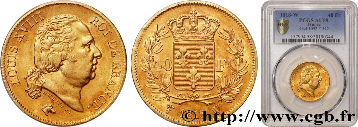 40 francs or Louis XVIII 1818 Lille F.542/8 AU58 PCGS