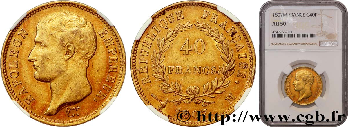 40 francs or Napoléon tête nue, type transitoire 1807 Toulouse F.539/3 AU50 NGC