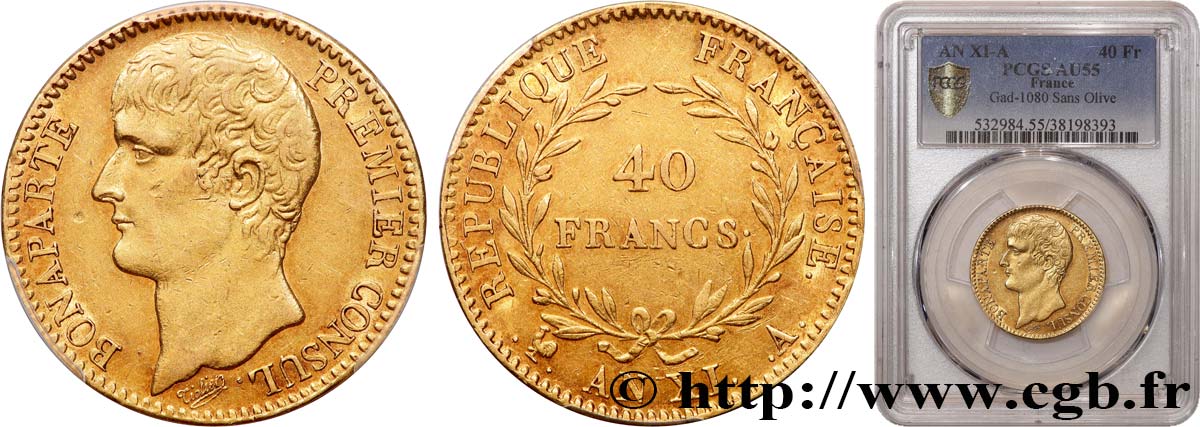 40 francs or Bonaparte Premier Consul 1803 Paris F.536/1 AU55 PCGS