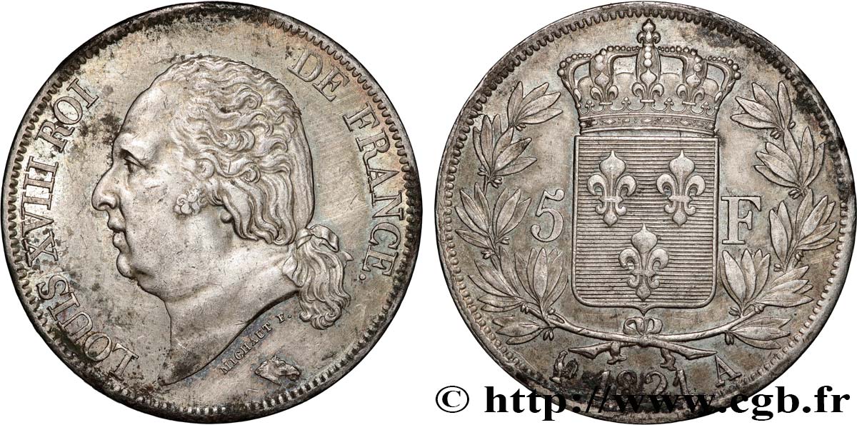 5 francs Louis XVIII, tête nue 1821 Paris F.309/60 TTB+ 