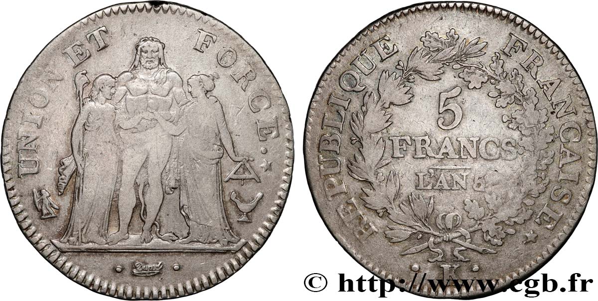 5 francs Union et Force, Union desserré, avec glands intérieurs et gland extérieur 1797 Bordeaux F.291/13 TB 