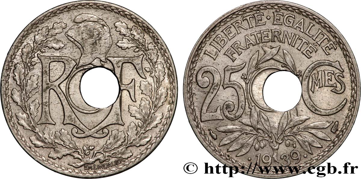 25 centimes Lindauer, maillechort, trou décentré 1939  F.172/3 var. TTB+ 
