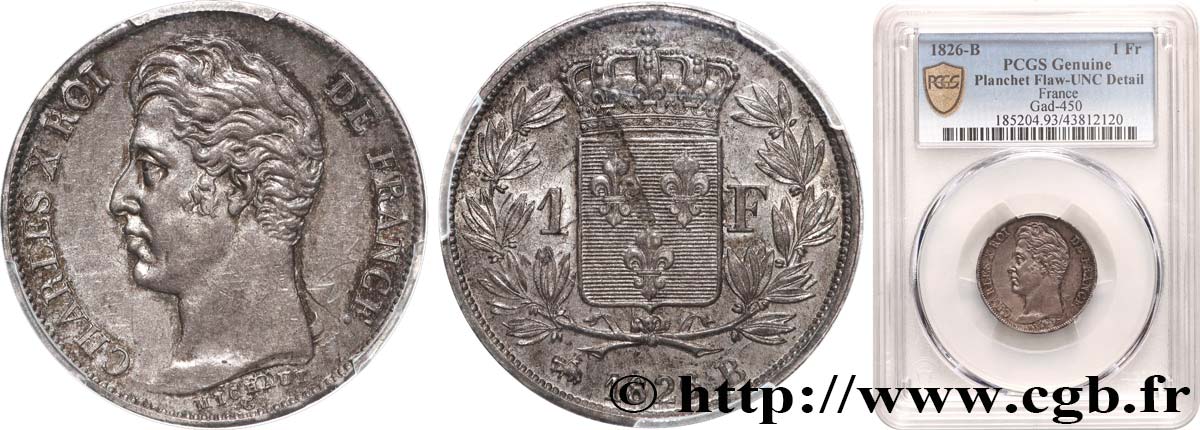 1 franc Charles X, matrice du revers à cinq feuilles 1826 Rouen F.207/14 VZ+ PCGS