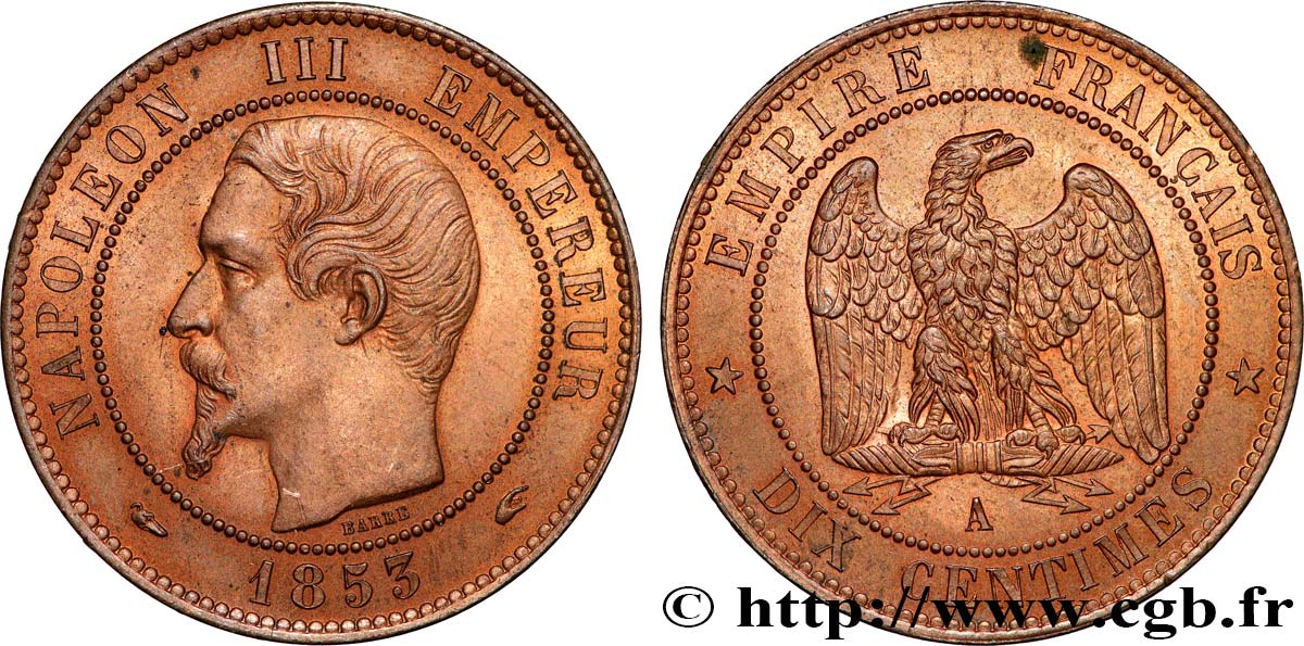 Dix centimes Napoléon III, tête nue 1853 Paris F.133/2 SUP+ 