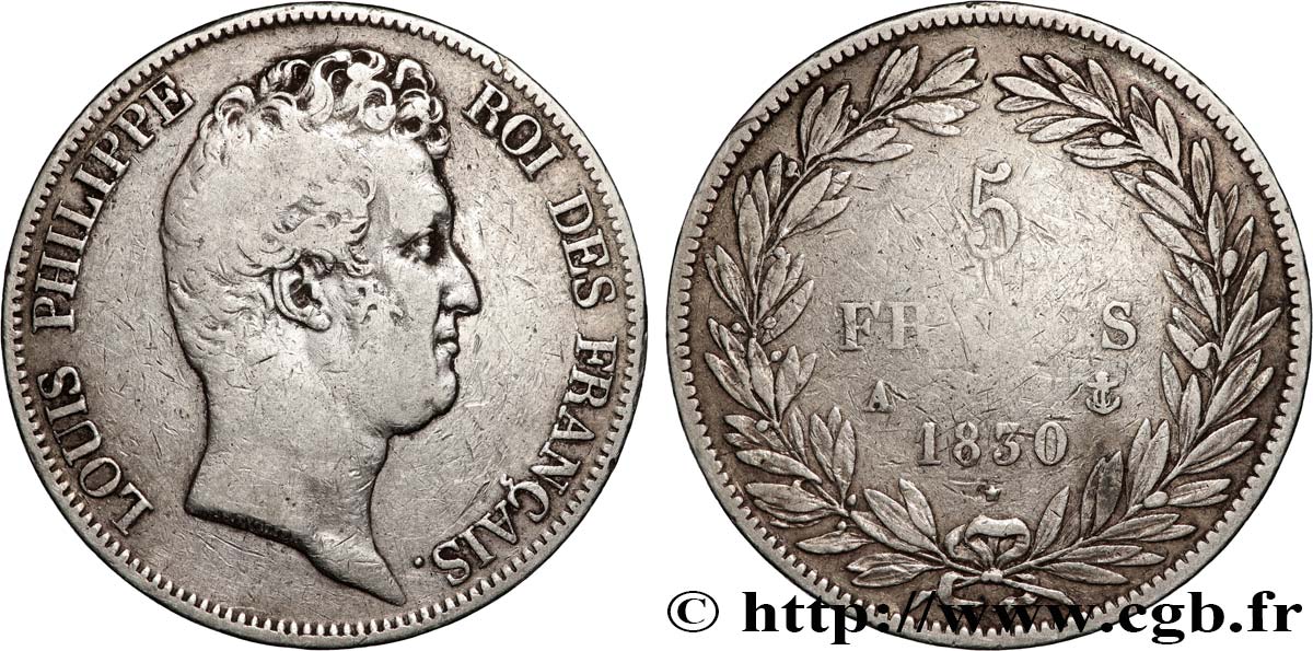 5 francs type Tiolier sans le I, tranche en creux 1830 Paris F.313/1 BC 