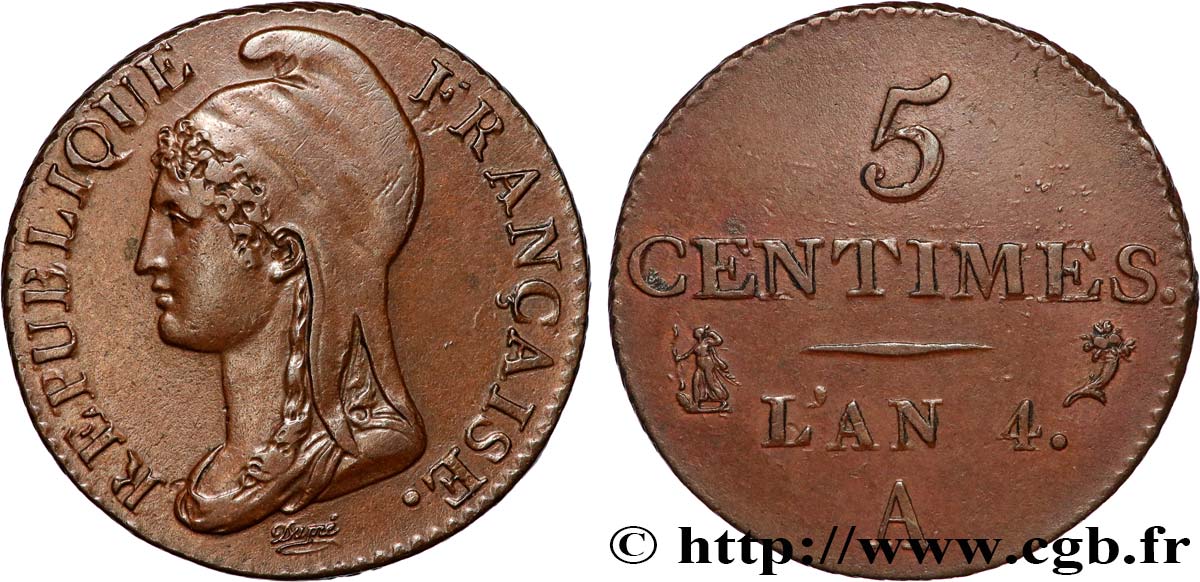 5 centimes Dupré, petit module 1796 Paris F.113/1 AU53 