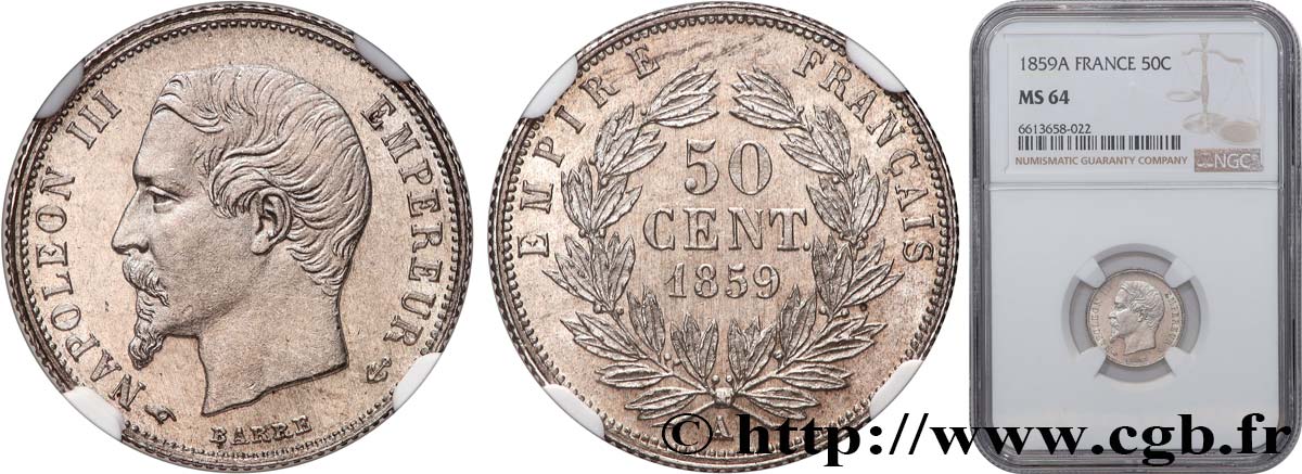 50 centimes Napoléon III, tête nue 1859 Paris F.187/10 MS64 NGC